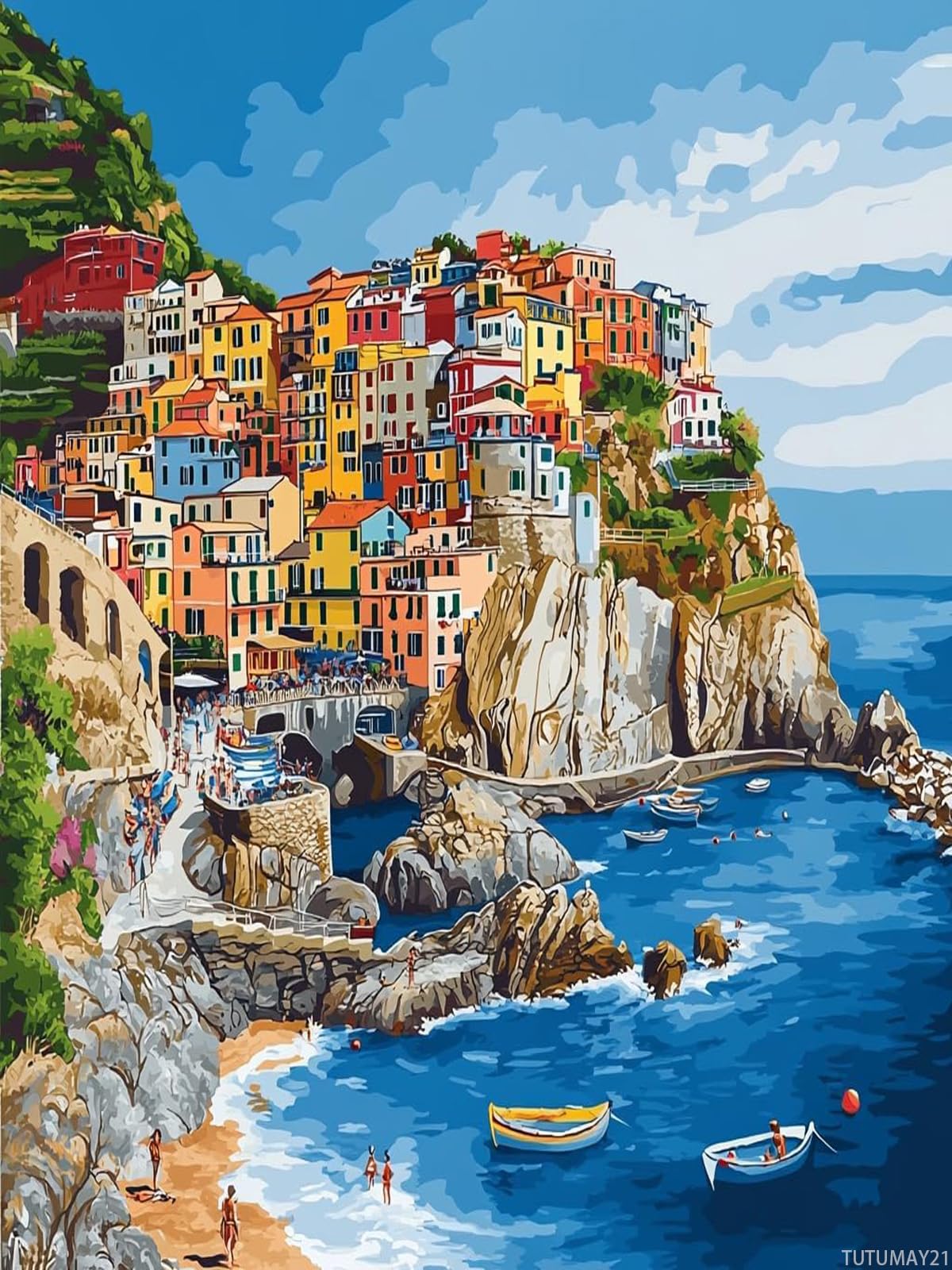 TUTUMAY21 Cinque Terre Italy 5D Diamond Art Painting Full Round Drill Diamond Art Painting by Number Kits for Adults Mosaic Cross Stitch for Wall