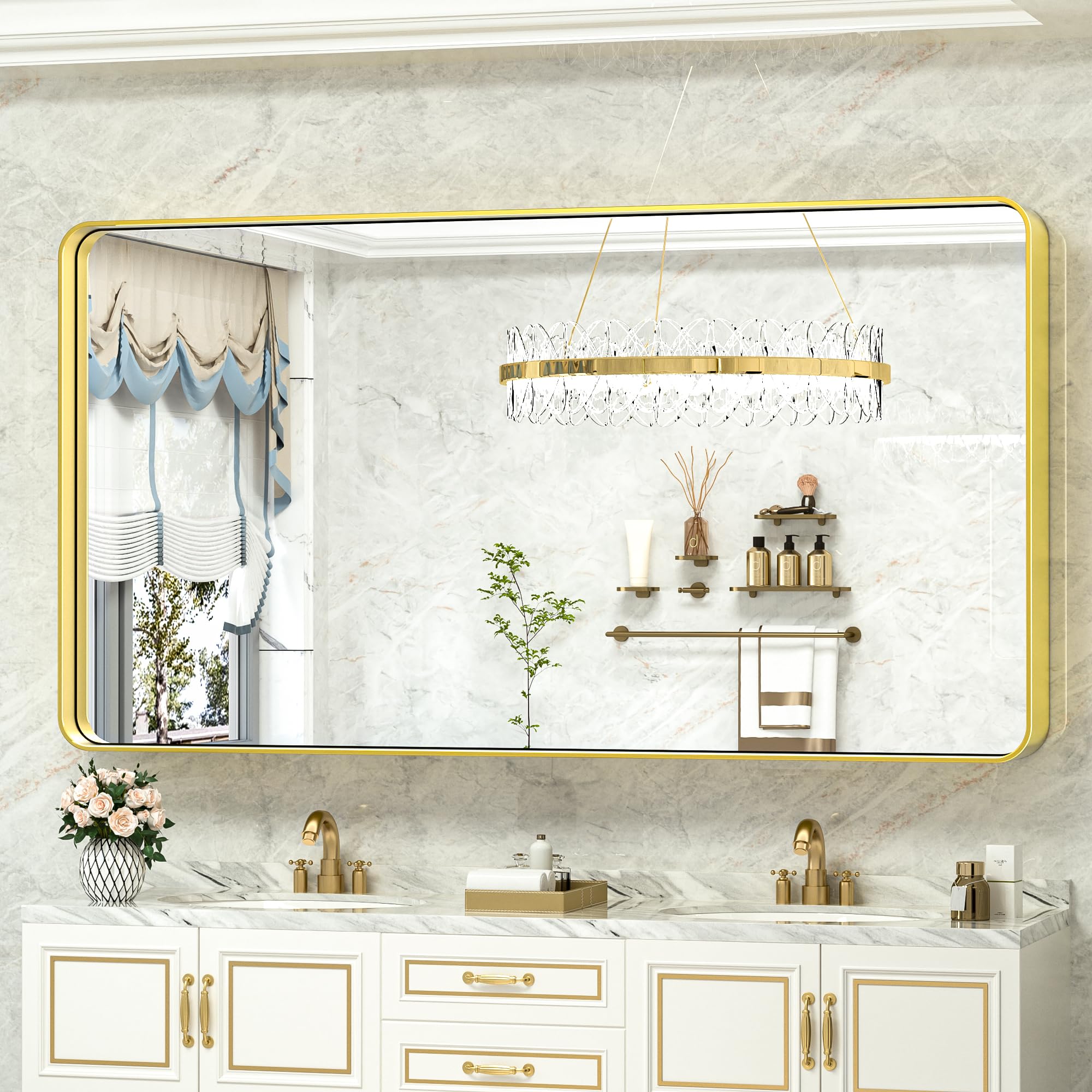 TokeShimi 60 x 28 Inch Brushed Gold Bathroom Vanity Mirror for Wall with Non-Rusting Aluminum Alloy Matte Metal Frame for Modern Farmhouse Home Decor (Horizontal/Vertical)