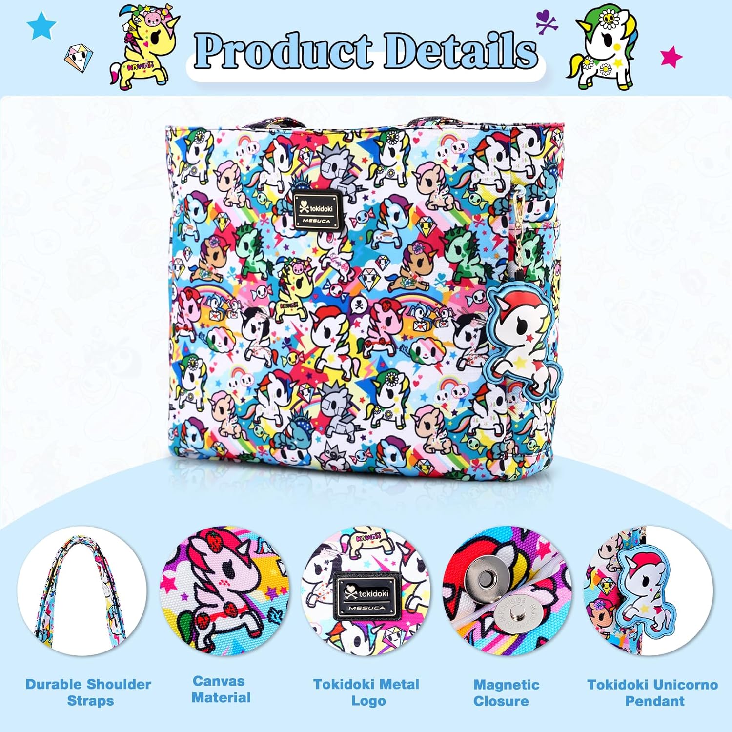 Tokidoki Unicorno Tote Bag Shoulder Bag Canvas Purses for Women Cute Shopper Bag Handbag Travel Purse Charm