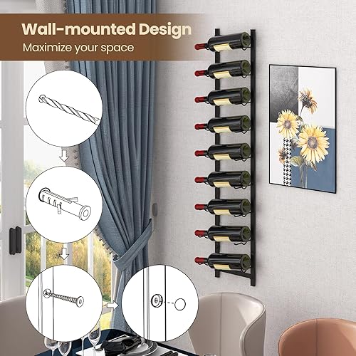 Miniatura 3 de Giantex Estante de vino montado en la pared para 9 botellas, organizador de estantes de vino de pared de metal, soporte de vino colgante montado en