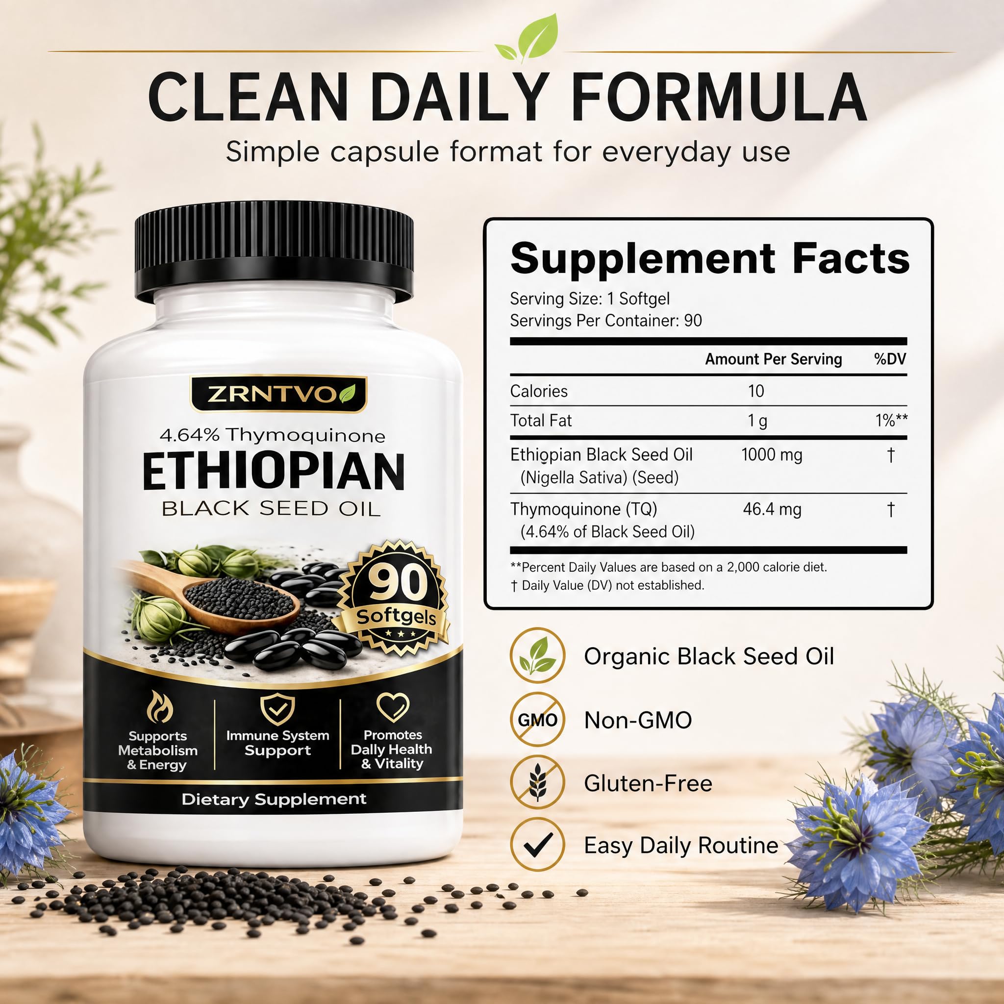Ethiopian Black Seed Oil Capsules, Organic Cold Pressed Black Seed Oil with 4.64% Thymoquinone, Non-GMO, Gluten-Free, 90 Capsules — Amazon image 2