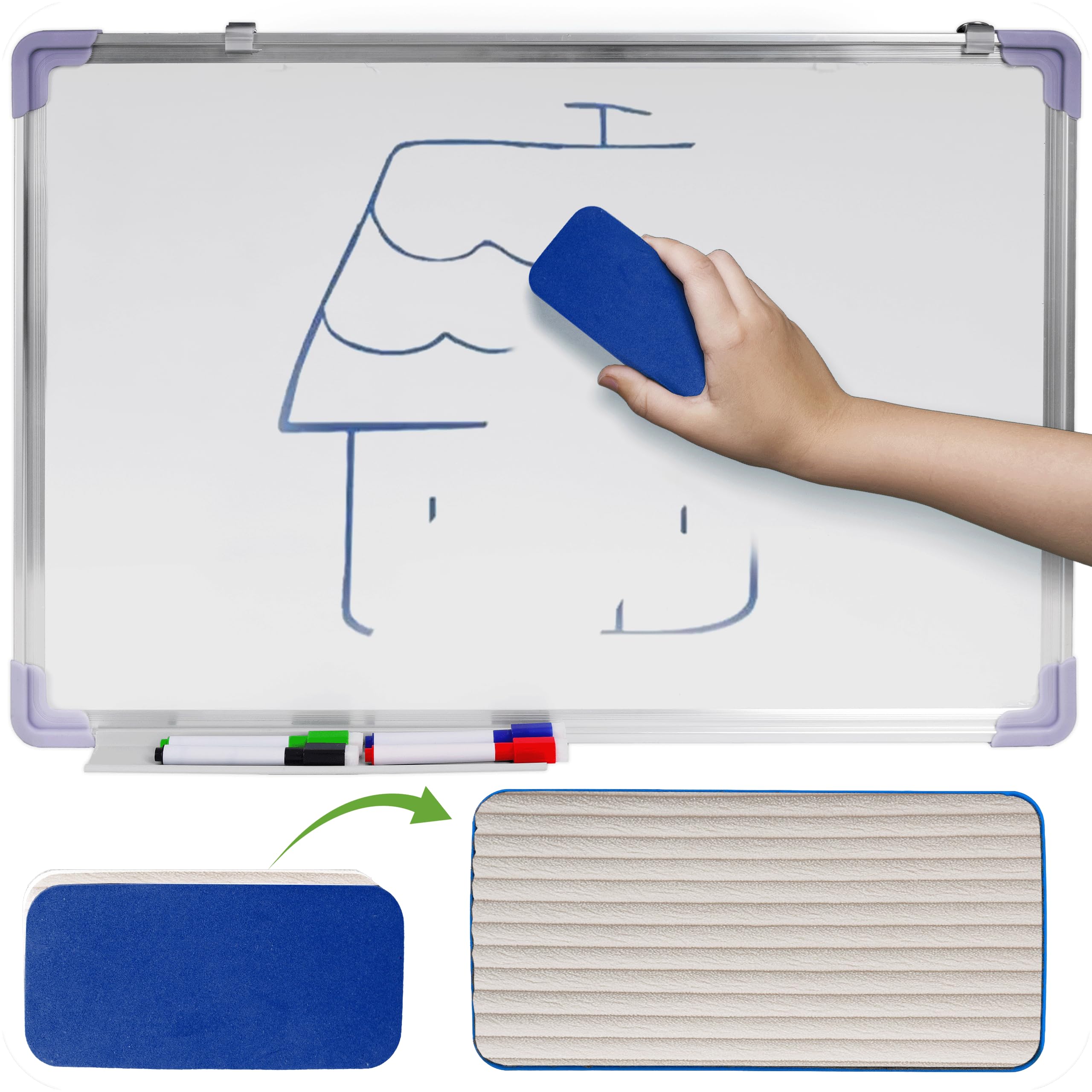 KRUMAD Tableau blanc magnétique 90 x 60 cm, avec 4 marqueurs pour tableau blanc et 12 aimants, tableau magnétique avec accessoires, tableau d'écriture effaçable avec cadre en métal, effaceur et 2
