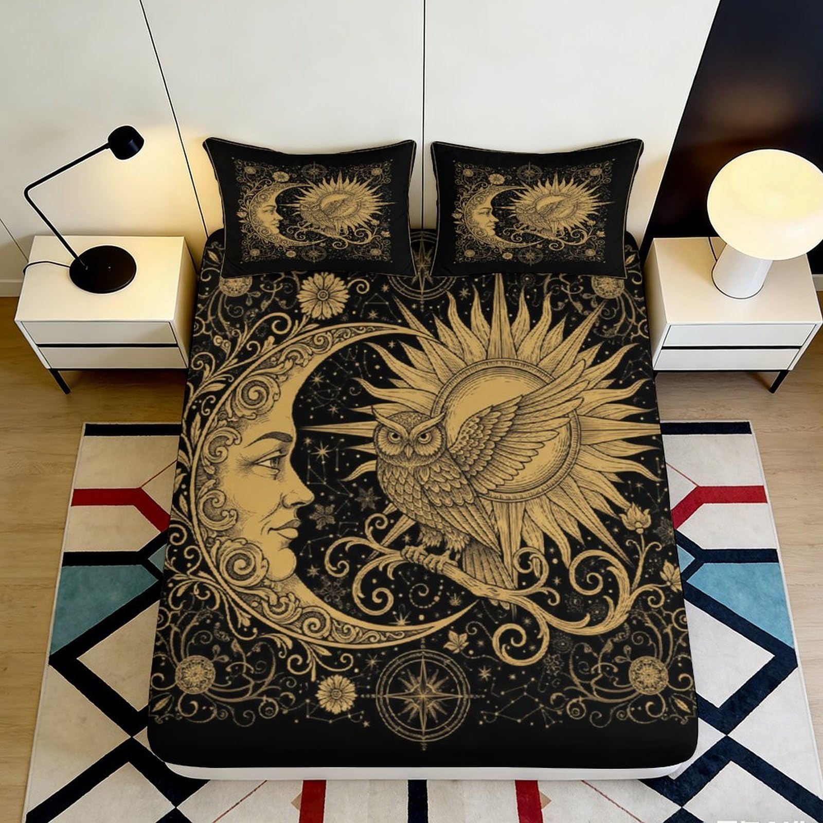 3D Printed celestial Fitted Sheet with sun and moon, Microfiber soft touch, non-slip, wrinkle resistant, home decor, for apartment bedding, washable 180x200x25cm