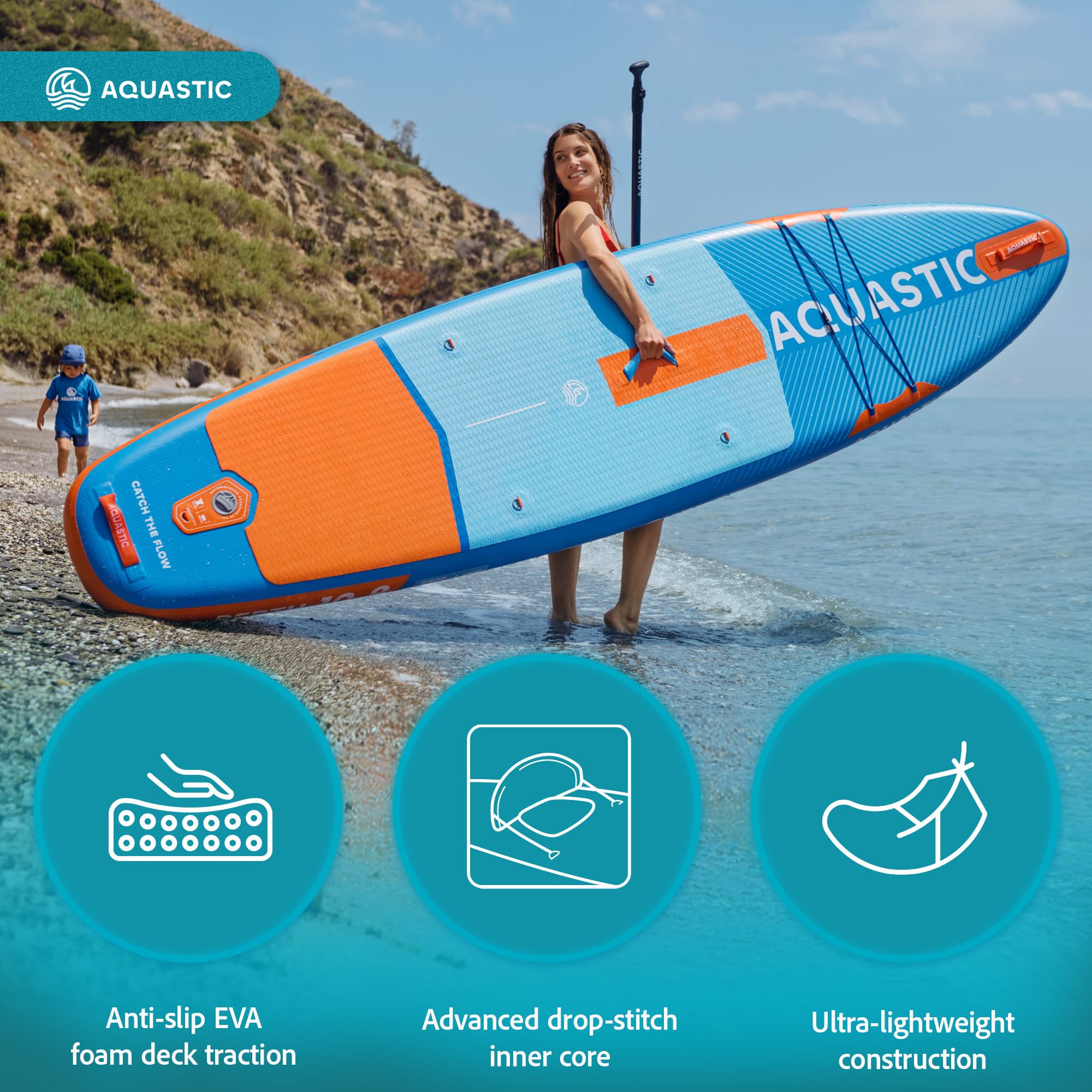 AQUASTIC Perth aufblasbares SUP-Board 10'8" bis 150 kg | 325 × 78 × 15 cm, 320 l, mit EVA-Deck, Drop-Stitch-Lite, Sitz-D-Ringen und Zubehörset für ruhige Gewässer