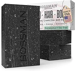 Bossman Pacote com 3 sabonetes de carvão 4 em 1 (113 g) – Sabonete em barra para homens – Lavagem de barba totalmente natural, xampu, sabonete corporal e solução de barbear – Perfume de eucalipto e
