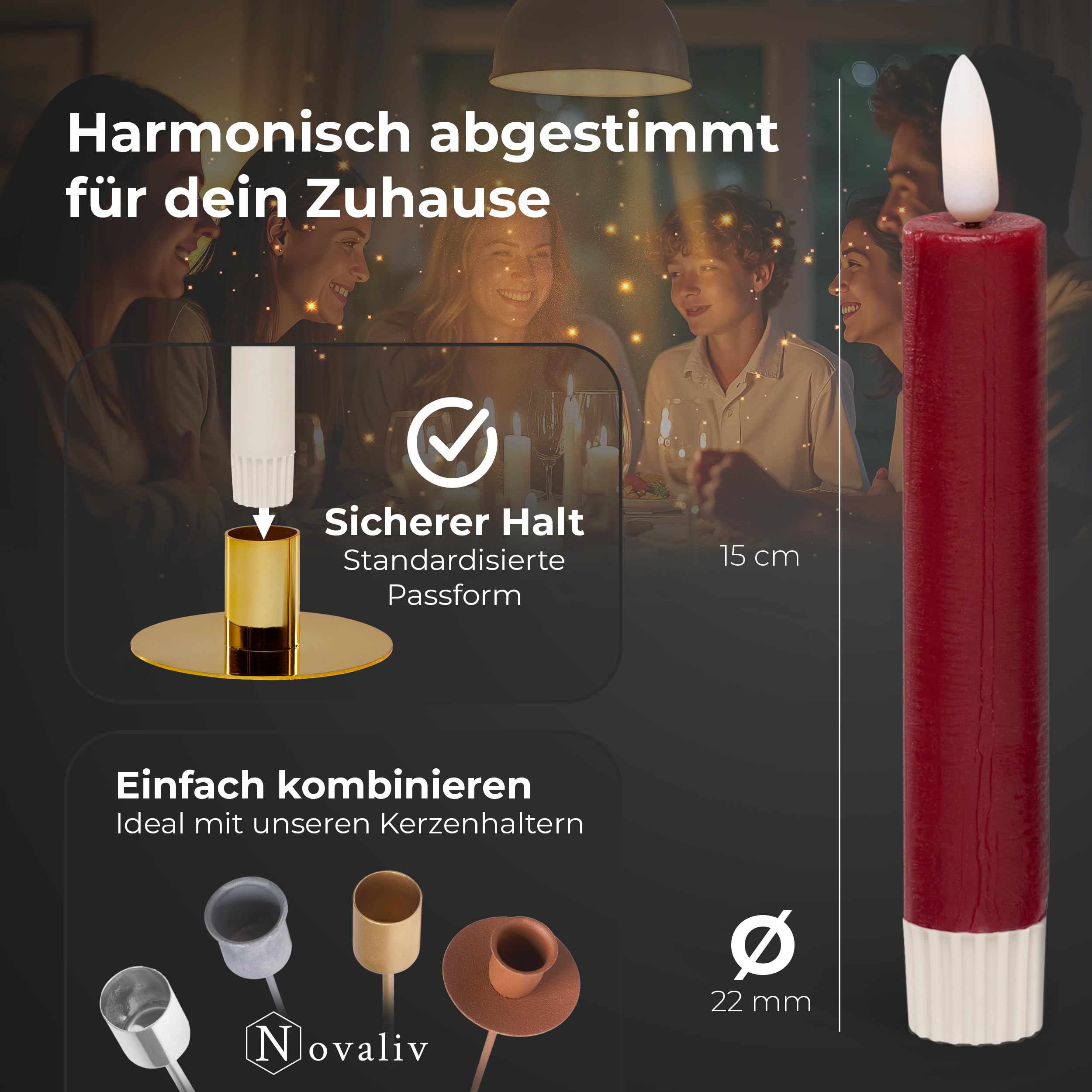 Novaliv LED staafkaarsen met timer ROOD 12 stuks binnen 6 uur ECHTE WAS 15cm hoogte voor kaarsen 2,2cm diameter 2 AAA batterijen nodig LED staafkaarsen 4-delige set 3X beweegbare vlam licht