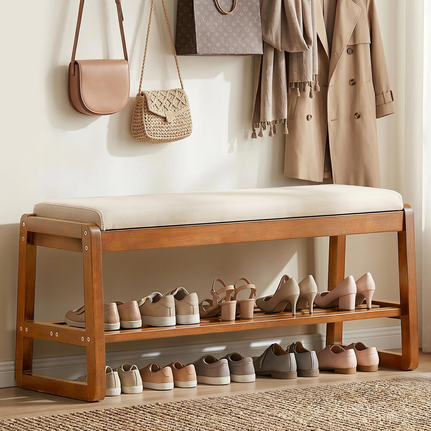 Shoe Rack Bench with Cushion, 2-Tier Entryway Bench with Storage for Front Entrance, Hallway Living Room Bedroom (Walnut, 31.5")