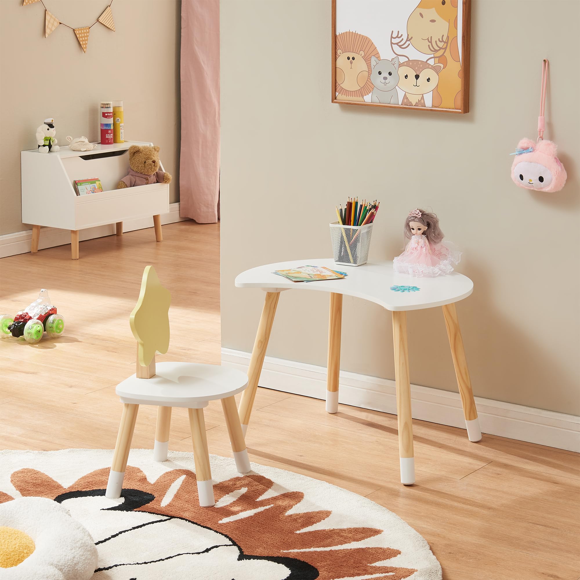 [en.casa] Kinderschreibtisch Set mit Stuhl Lallega Kindertisch Mond- und Stern-Design Schreibtischstuhl mit Rückenlehne Kinderspieltisch Maltisch für Kinder Weiß