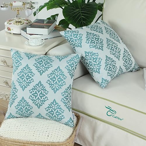 Miniatura 4 de CaliTime - Juego de 2 fundas de almohada de jacquard suave para sofá, decoración del hogar, diseño de flores de damasco