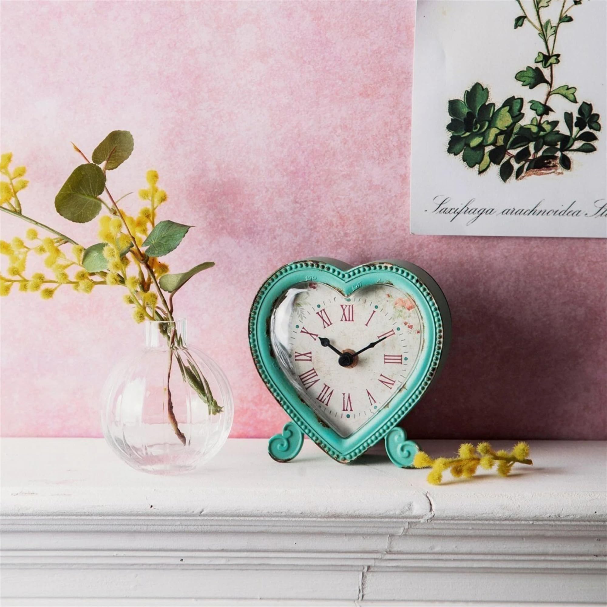 Fyne-Finds Turquoise Heart Mantel Clock Boudoir Vintage Analogue Roman Numeral Table Clock