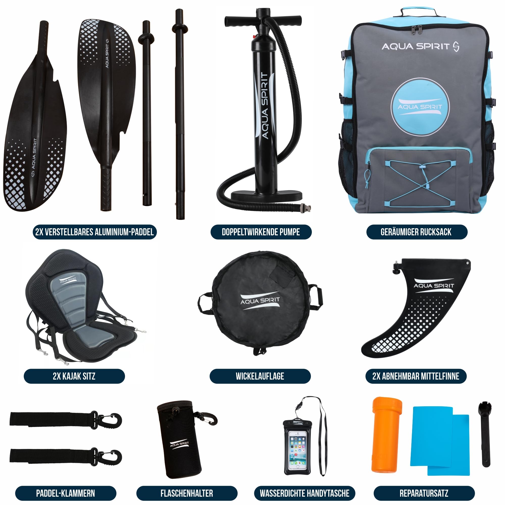 Aqua Spirit Aufblasbares Kajakbrett, 3,5 m, 1 oder 2 Personen, komplettes Kajak-Set mit Paddel, Rucksack, Doppelhubpumpe und mehr Zubehör, Erwachsene Anfänger/Experten