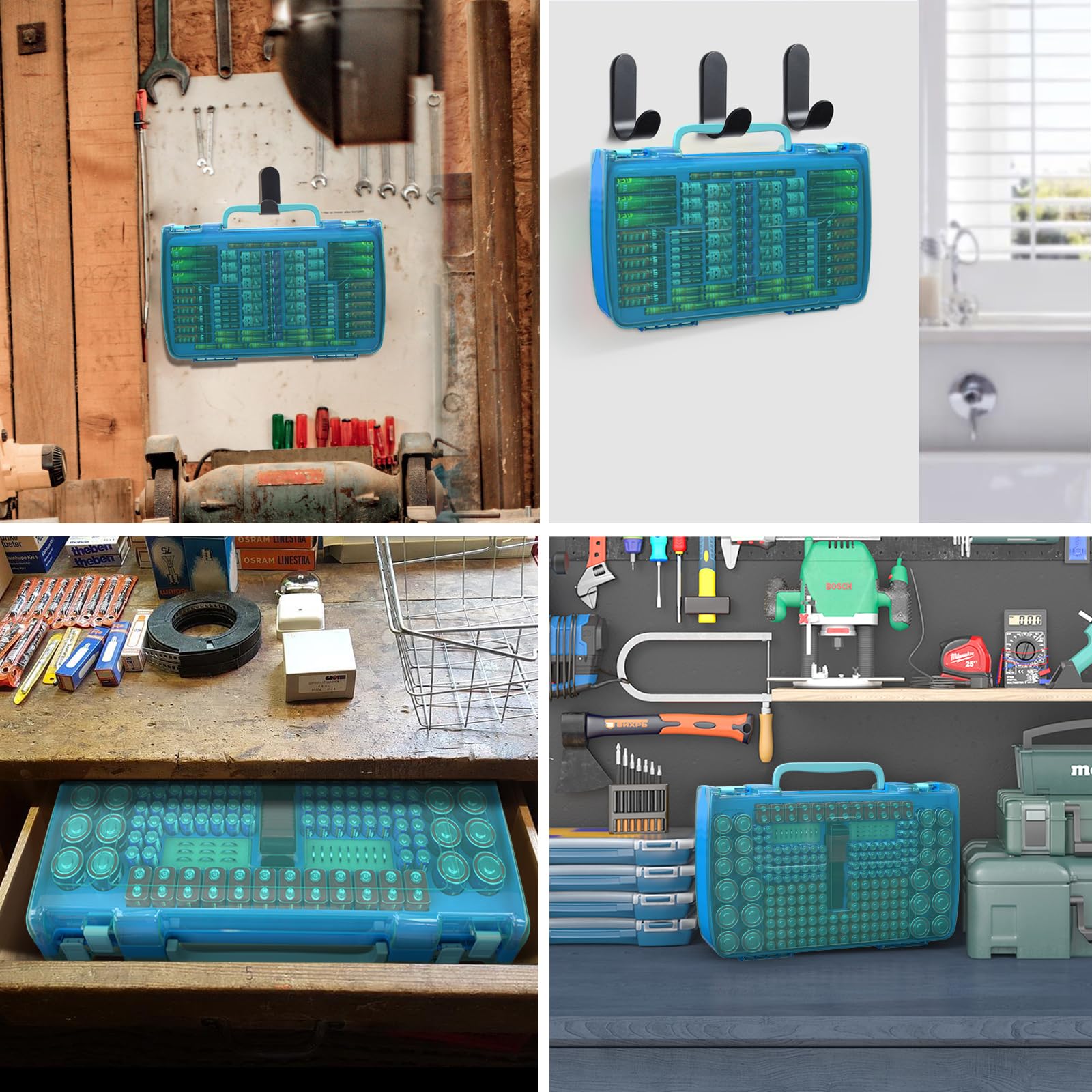 Grande capacità 269 Battery Organizer Case con tester, doppio lato porta batteria contenitore per batterie AA AAA AAAA C D 9V al litio 3V CR123 CR1632 18650 (solo scatola) (blu)