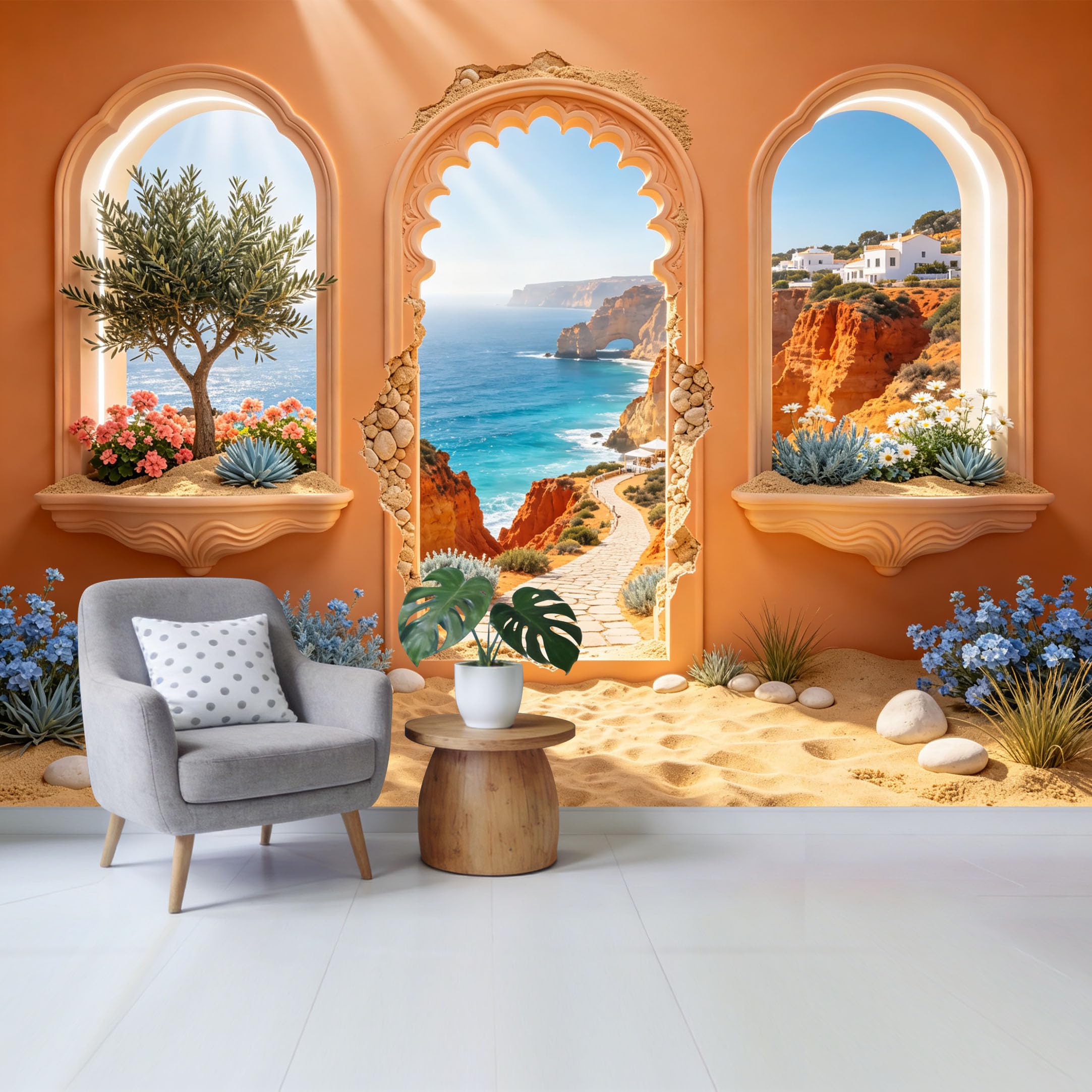 Removable Self Adhesive Fabric Mural， Mediterranean Coastal Landscape Custom Size Wall Covering， UV Protected Waterproof Washable Wall Decor for Living Room Bedroom Bathroom