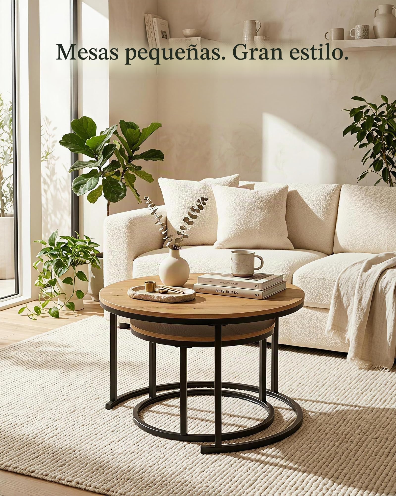 Mesa de Centro Redonda Juego de 2 Mesa Salon Madera y Metal Negro | Juego de 2 Mesa Centro Salon Efecto Madera con Estructura Metálica Negra, Muebles de Salon Coffee Table 70+50cm