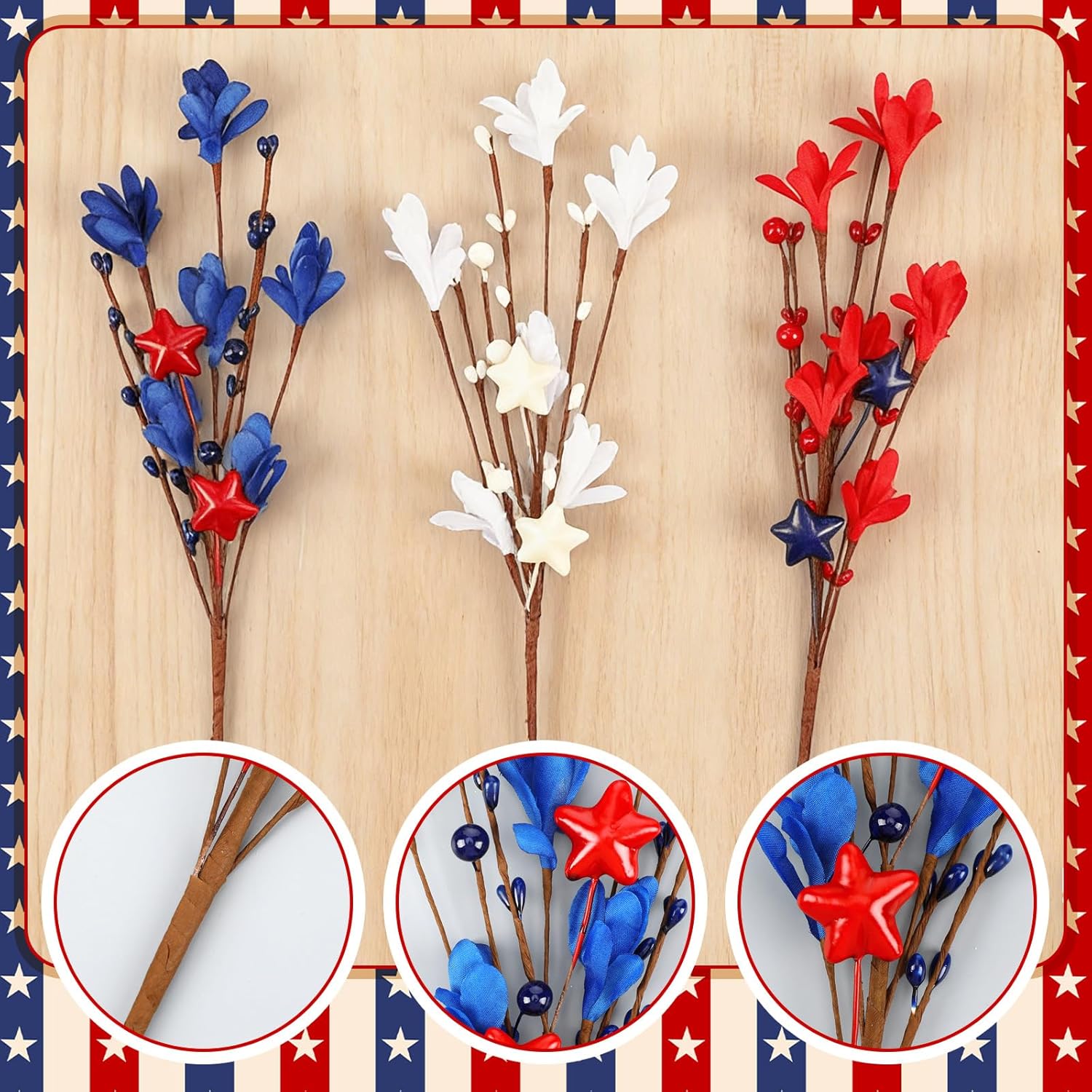 Janinka 18 Pcs White Blue Red Decor 250th Anniversary Decoration Patriotic Artificial Berry Stem Picks for 4th of July Independence Day Pentagram Faux Floral Branches for Home Office Vase Decor