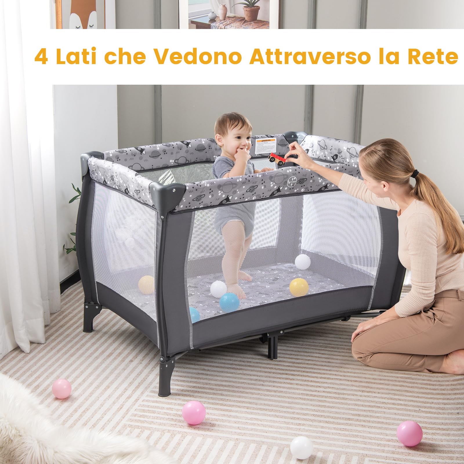 RELAX4LIFE 4 in 1 Lettino da Campeggio con Materasso per Bambini, Culla da Viaggio per Neonati con Fasciatoio, Baldacchino Retrattile con Zanzariera, Adatto a Bambini da 0 a 36 Mesi (Grigio, Stile 2)