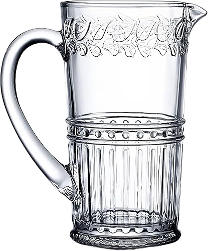 Jarra de vidrio estilo vintage, 34 onzas, patrón decorativo en relieve, transparente