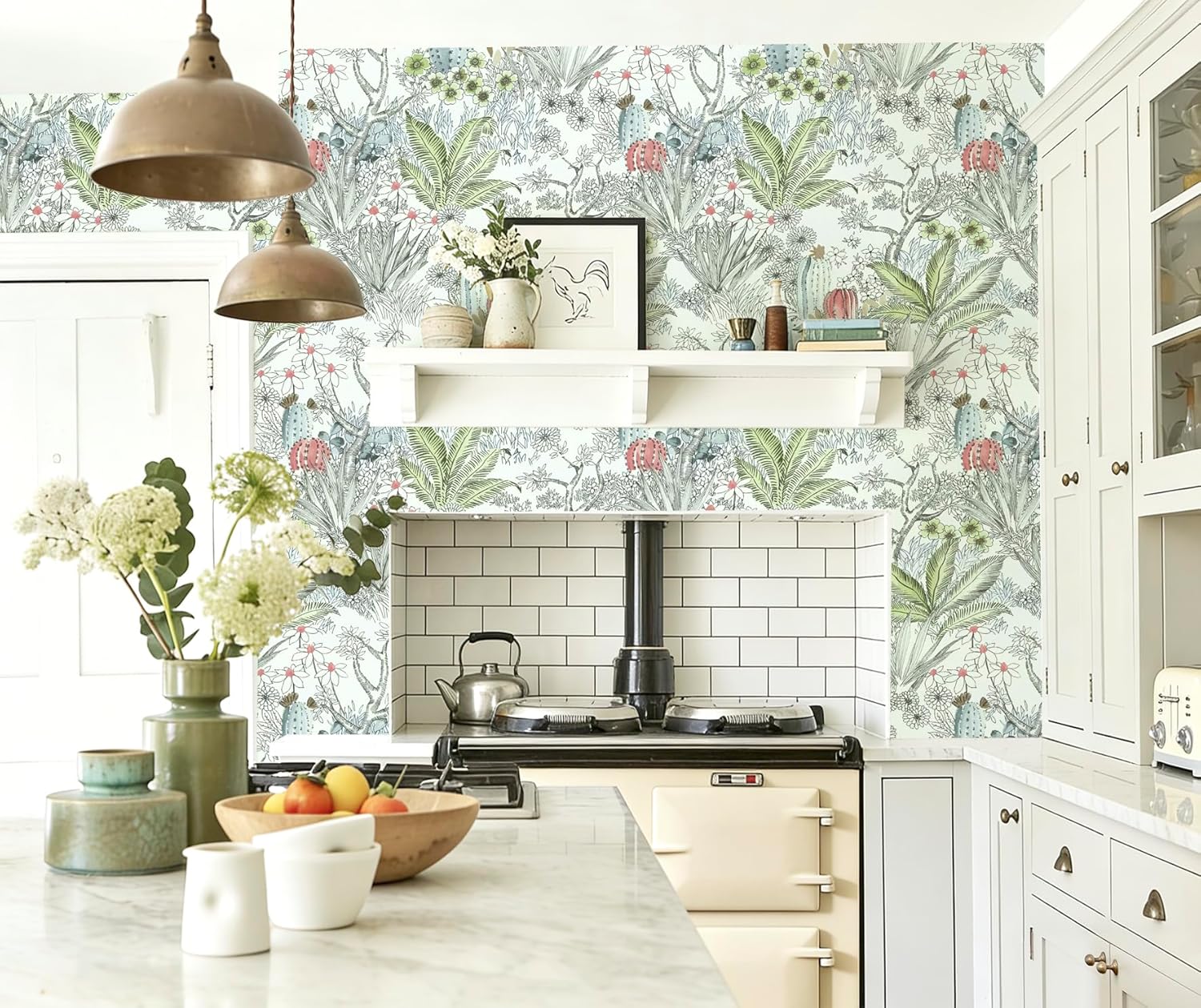 Wudnaye Boho Peel and Stick Wallpaper Catus Wallpaper 17.7" x 590.4"Vintage Floral Wallpapers Peel and Stick Botanical Removable Wall Paper Boho Self Adhesive Contact Paper for Bathroom Cabinets
