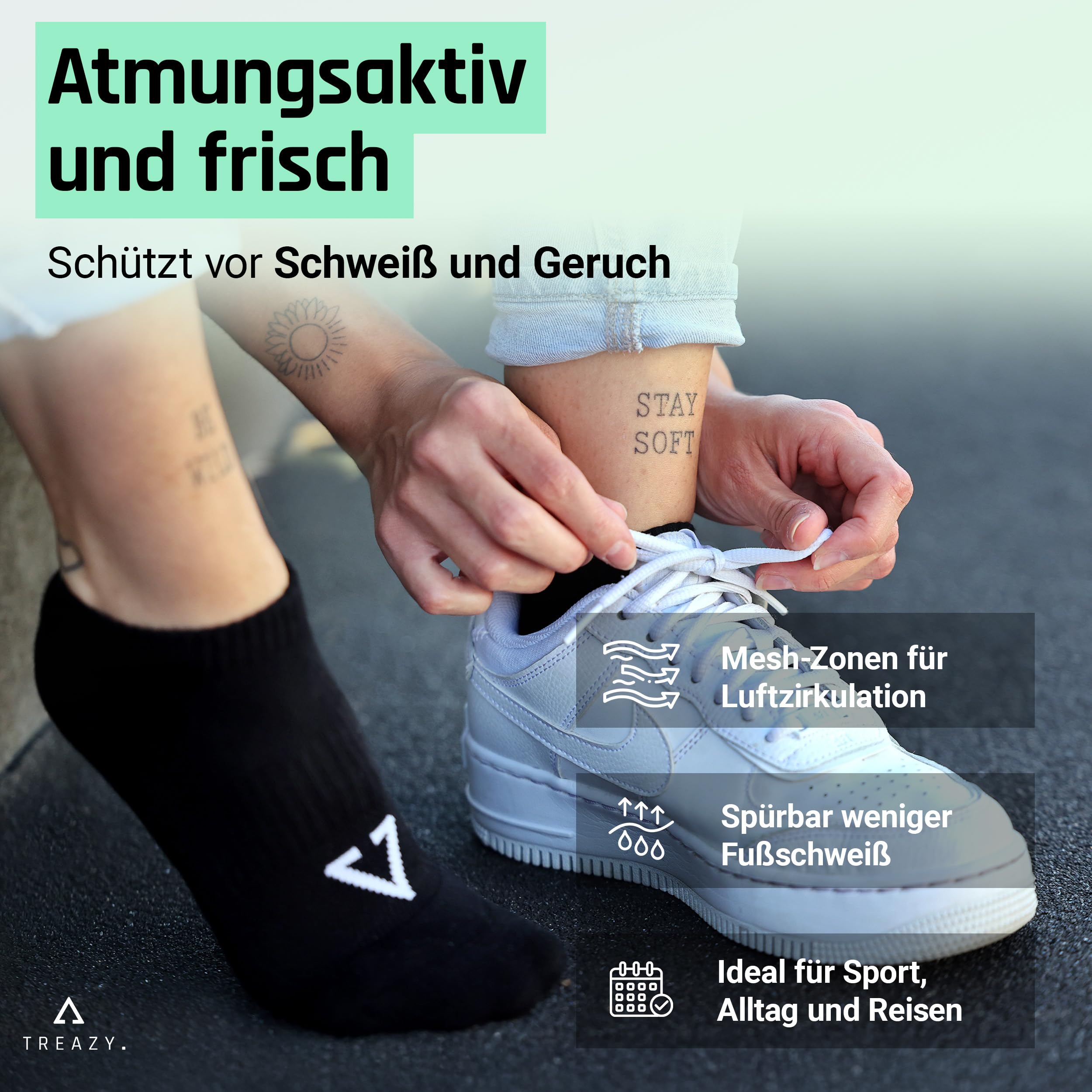 TREAZY Sneaker Socken aus Bio-Baumwolle – nachhaltig und fair produziert in Portugal – ohne Einschneiden, Anti-Loch-Socken, atmungsaktiv und langlebig im Alltag