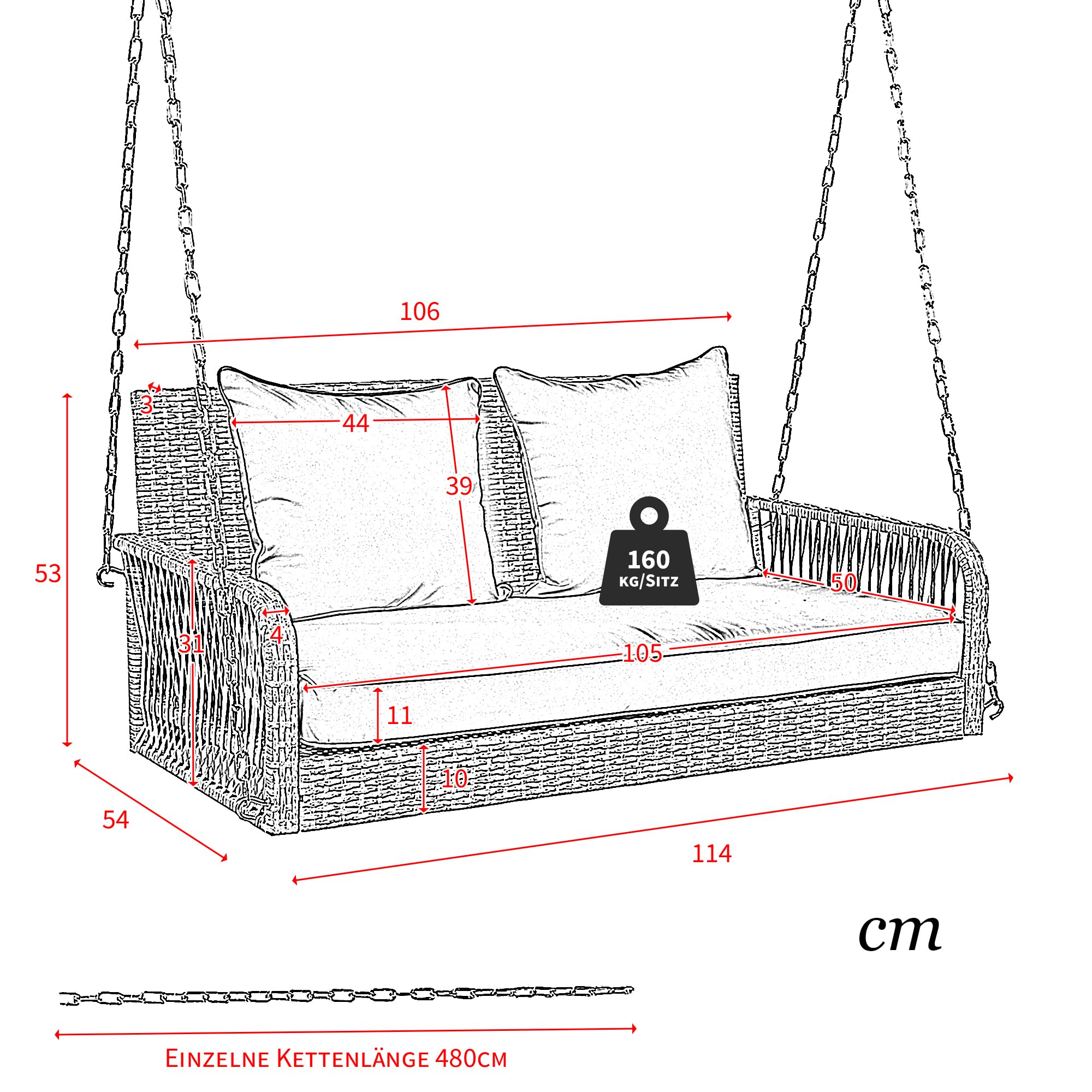 Columpio de jardín, columpio de jardín, juego de muebles de jardín para exteriores, ratán beige, cojín de asiento gris, 2 asientos, con cojín de asiento y cojín de respaldo, extraíble y