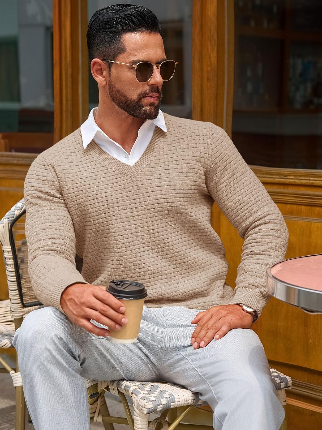 Yousify Mens V Neck Pullover Sweater Waffle Knit Casual Textured Pullover Long Sleeve Slim Fit Fall Sweaters - Image 2