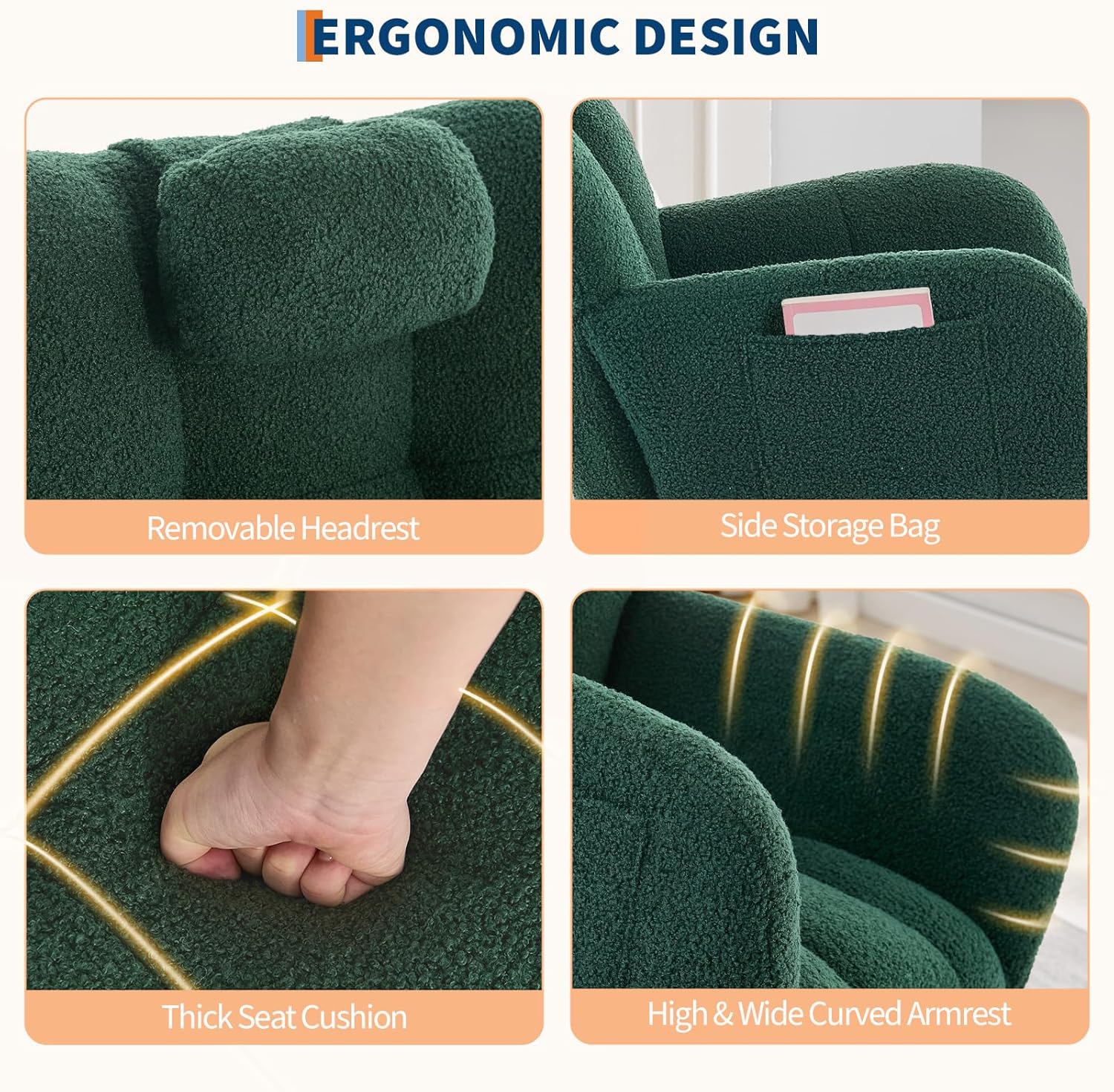 Rocking Chair Nursery Teddy, Upholstered Baby Glider Rocker for Adults Small Spaces Indoor, Nursing Chairs for Living Room, Bedroom, Classroom