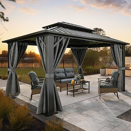 DWVO Gazebo de techo rígido de 10 x 12 pies, techo doble con redes y cortinas, techo de rayas verticales de acero galvanizado resistente para patio,