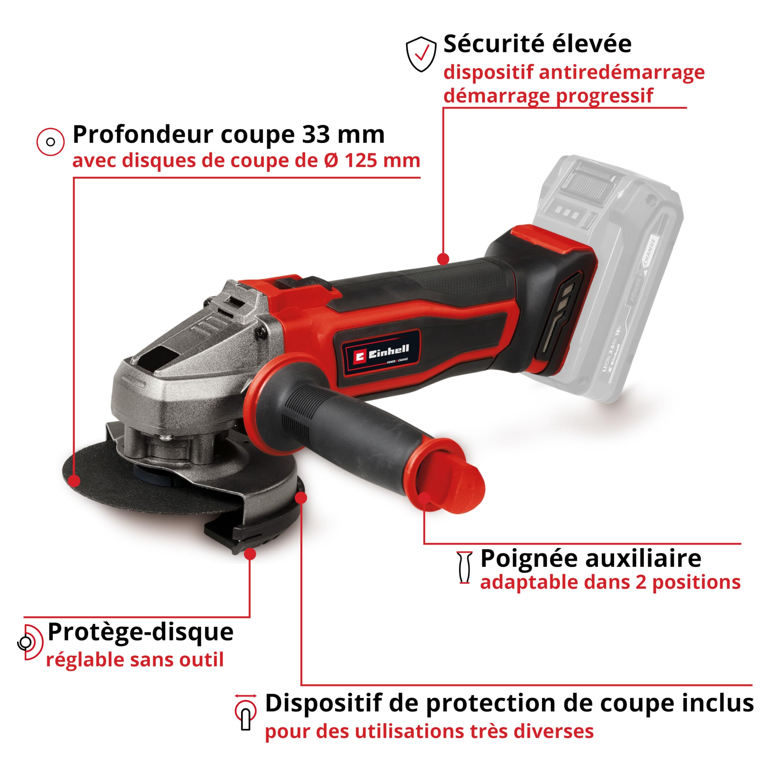Einhell Meuleuse d’angle sans fil TE-AG 18/125-2 Li-Solo Power X-Change (18 V, disque Ø 125 mm, profondeur de coupe 33 mm, démarrage progressif, protection de coupe, sans disque, sans batterie)
