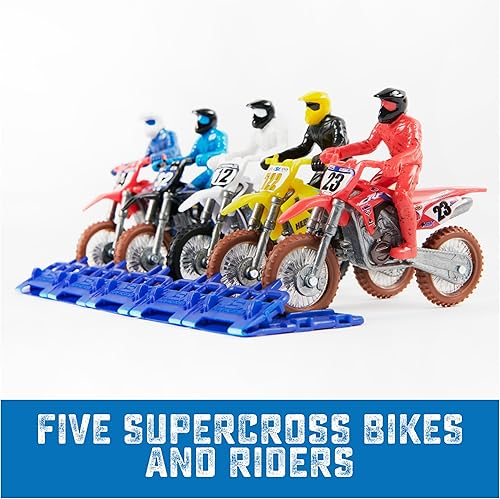 Miniatura 3 de Supercross, Auténtico paquete de 5 motocicletas fundidas a escala 1:24 con figura de jinete, moto de juguete para niños y coleccionistas a partir de