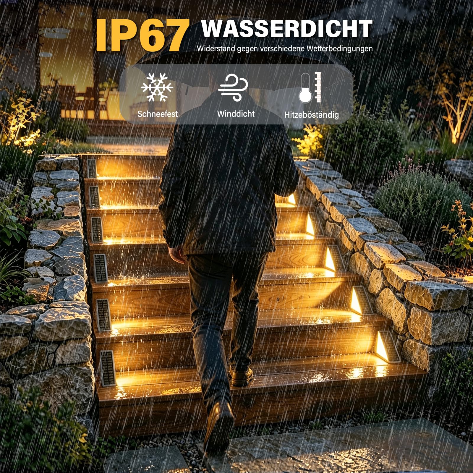 4er-Set Solar Treppenbeleuchtung Aussen mit Bewegungsmelder, 14LEDS Warmweiß Licht Solar Stufenleuchten Außen IP67 Wasserdicht für Boden Veranda Dekor Hof Pfad Garten Gehwege