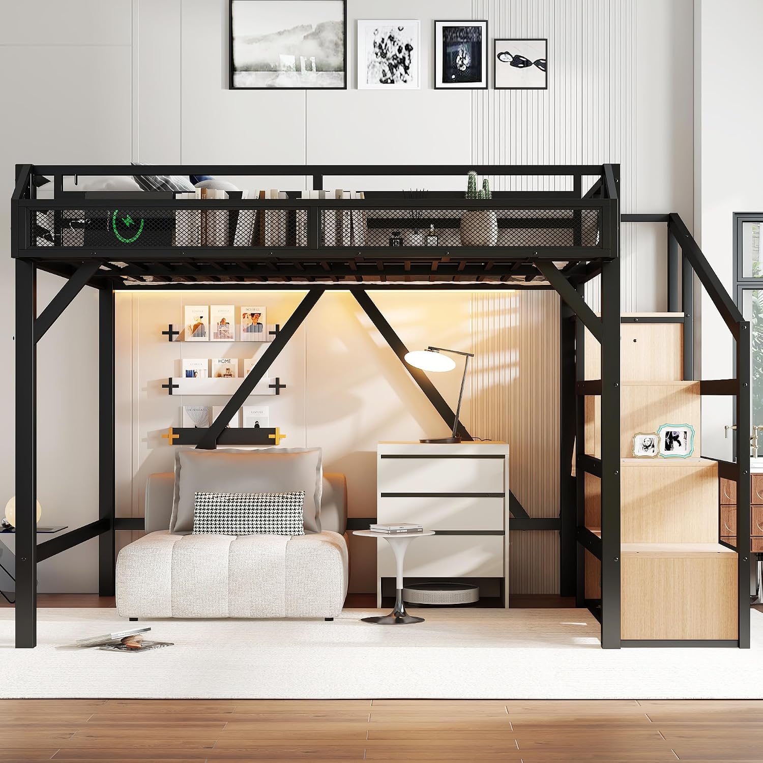 Bellemave Full Size Loft Bed with Stairs and Wardrobe, Full Size Loft Bed with Charging Station, Lights and Bedside Shelf, Heavy Duty Loft Bed Frame for Adults, Teens, Kids, Noise Free, Natural Wood