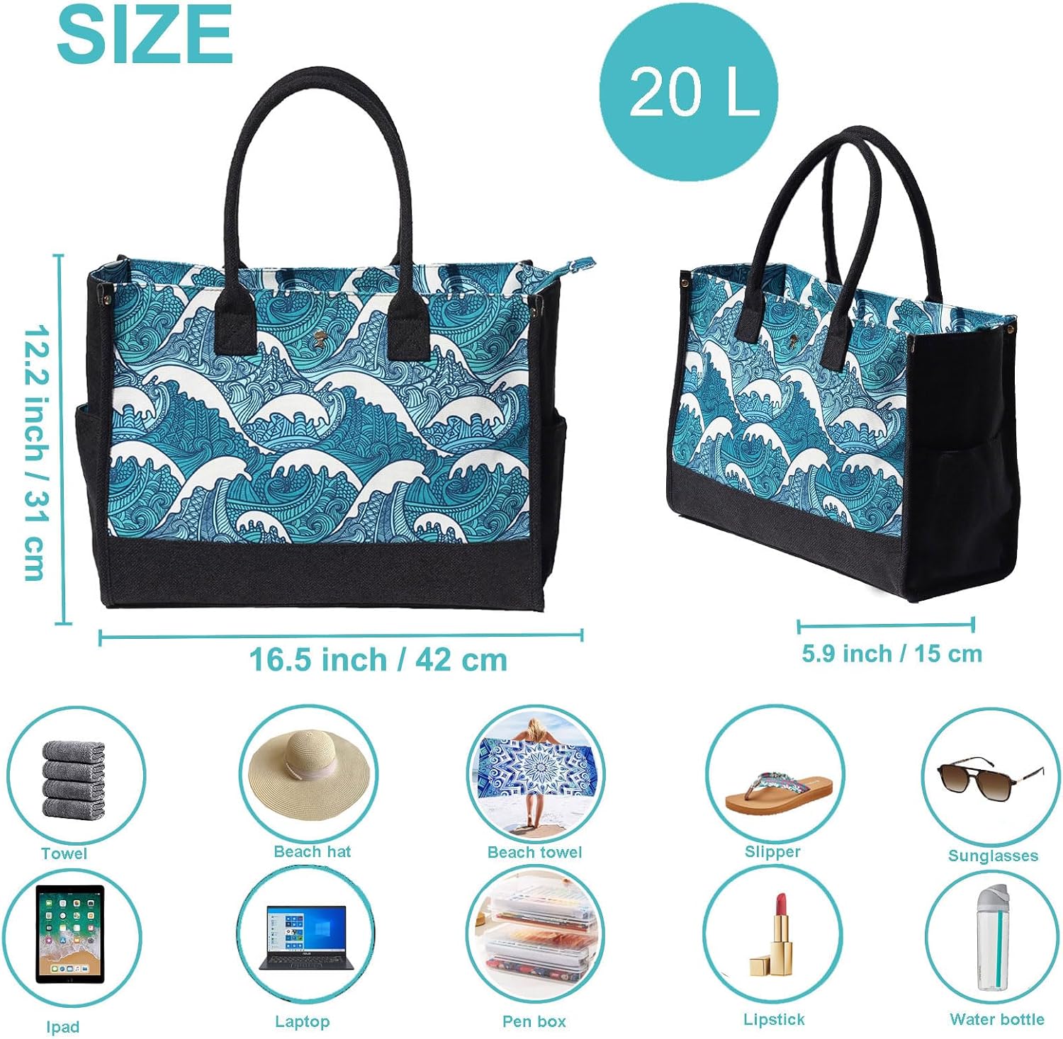 ESVAN Personalized Gifts Canvas Tote Linen Bags Handbags Top Zipper Closure Initial Retro Utility Tote