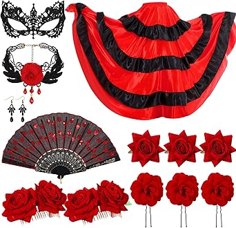 Suhine 13 Pcs Halloween Rose Flower Flamenco Costume Accessories Spanish Dress Skirt Rose Hair Clip Fan Choker Mask Earrings