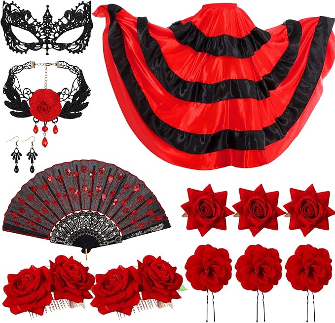 Suhine 13 Pcs Halloween Rose Flower Flamenco Costume Accessories Spanish Dress Skirt Rose Hair Clip Fan Choker Mask Earrings