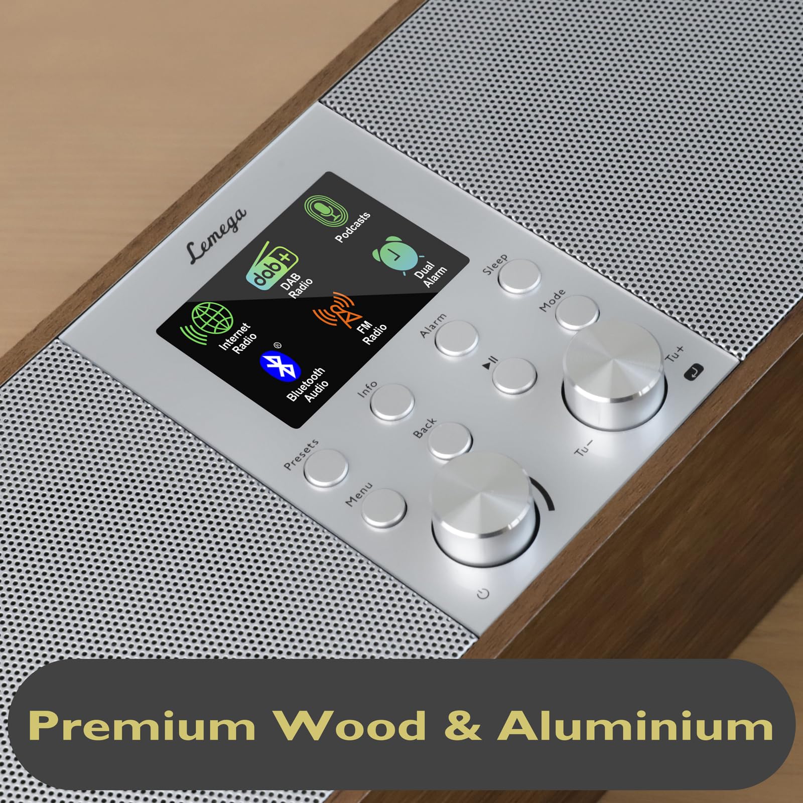 Lemega IR6 Internetradio mit Podcast-Funktion & Bluetooth - DAB/DAB+, UKW Stereo-Radio mit echtem 2.0 Lautsprechersystem, 150 Senderspeicher, Radiowecker, Akku mit USB-C, Holzgehäuse & Aluminiumgriff