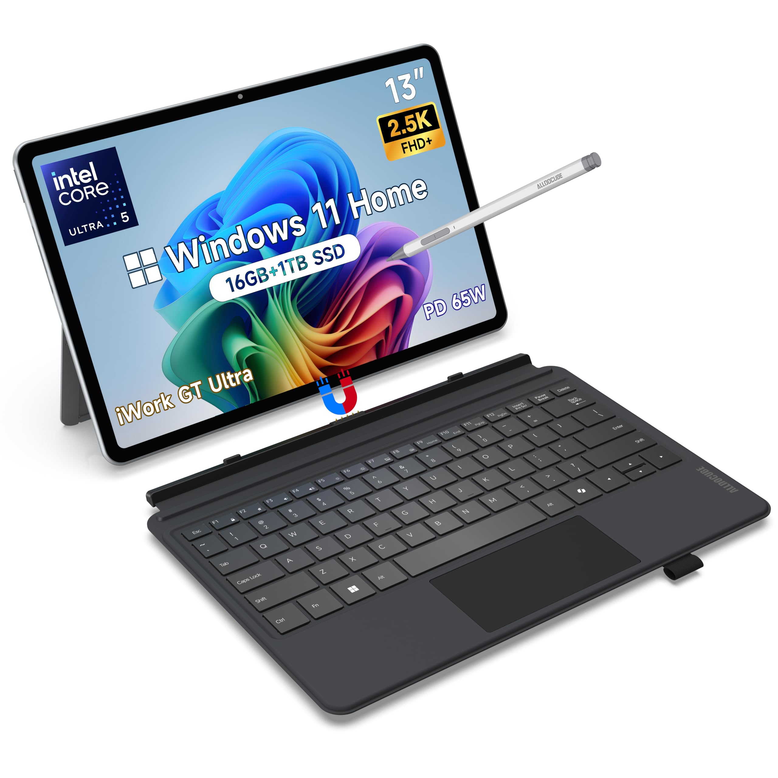 ALLDOCUBE Tablet 2-in-1 da 13 pollici con Tastiera e Stilo, Laptop Win 11 Home Intel Core Ultra 5 125H, PC Touchscreen 16GB RAM+1TB SSD, Display 2,5K, PD 65W, WiFi 6, QWERTY