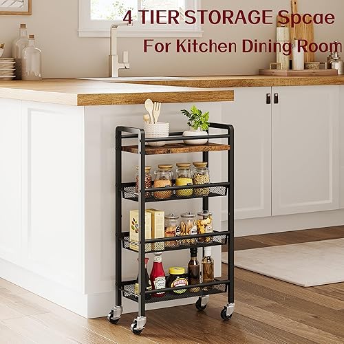 Miniatura 5 de Carrito de cocina delgado, carrito de servicio pequeño, carrito de cocina de 4 niveles con ruedas con bloqueo, mini carrito de barra de licor para