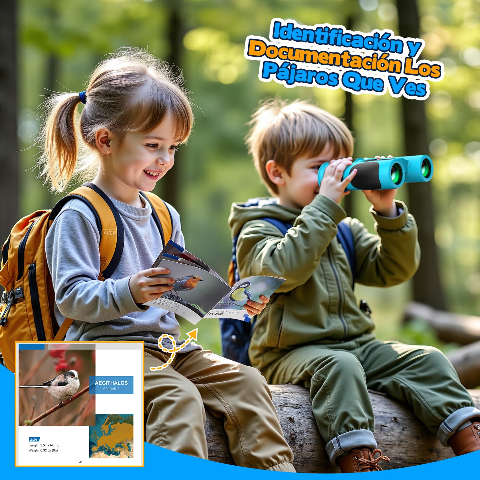 Prismaticos Niños 8x21 con Guía de Aves, Binoculares Juguetes Juego Niños Regalos de Cumpleaños - Ideal para Birdwatching, Regalo Familiar y Educativo