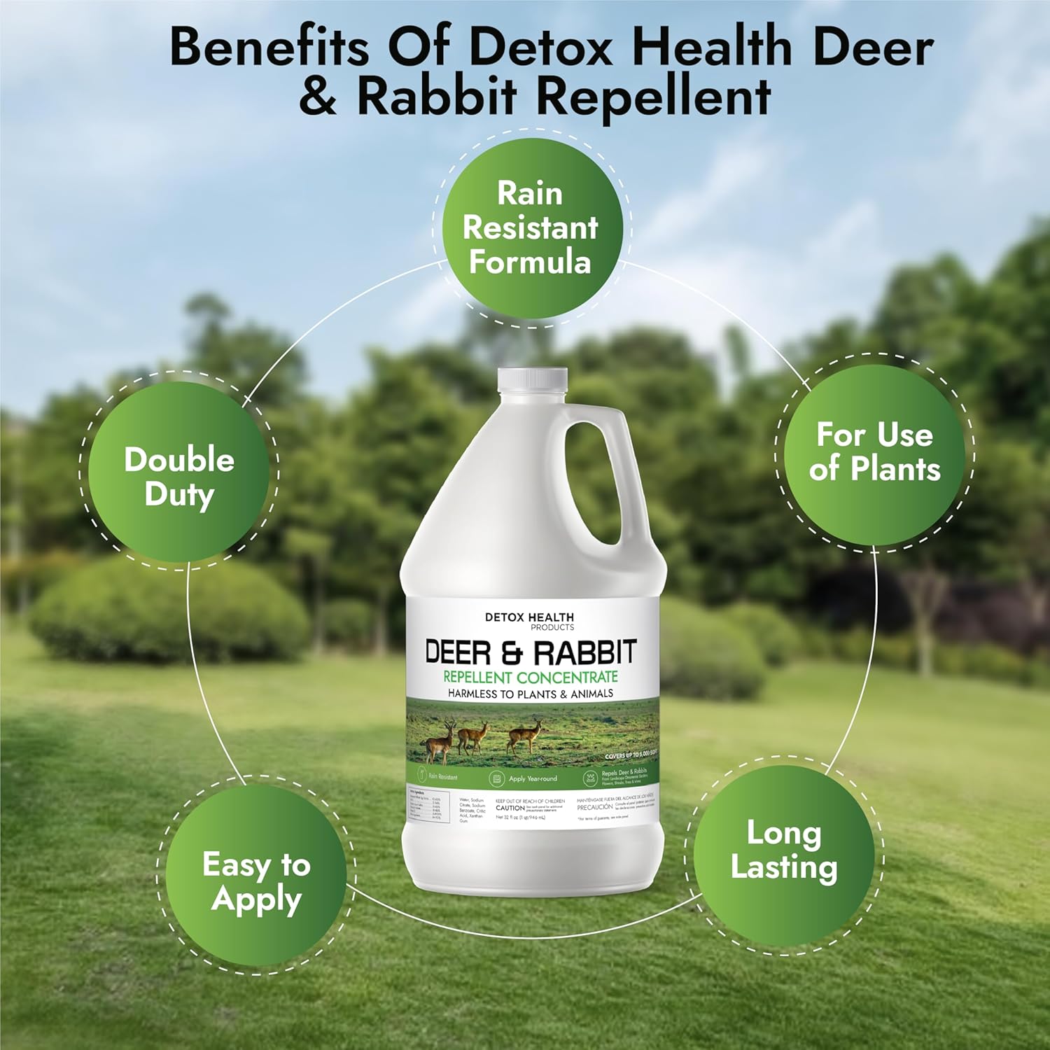 Detox Health Deer & Rabbit Repellent Concentrate – 1 Gallon Outdoor Deer Out & Rabbit Repellent for Plants – Raccoon Repellent – Rain Resistant, Safe for Animals & Plants – Covers Up to 40,000 Sq Ft