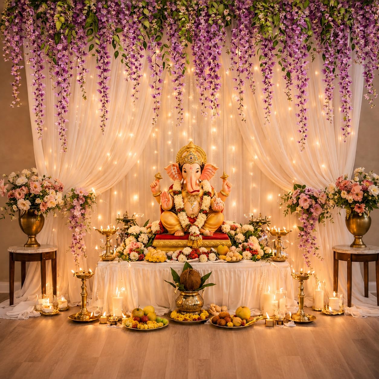 Lazybeee Backdrop Decoration Kit | Net Curtain & Artificial Plant Vines for Ganesh Chaturthi, Haldi & Mehndi, Home Decor & Birthday & Parties | ...