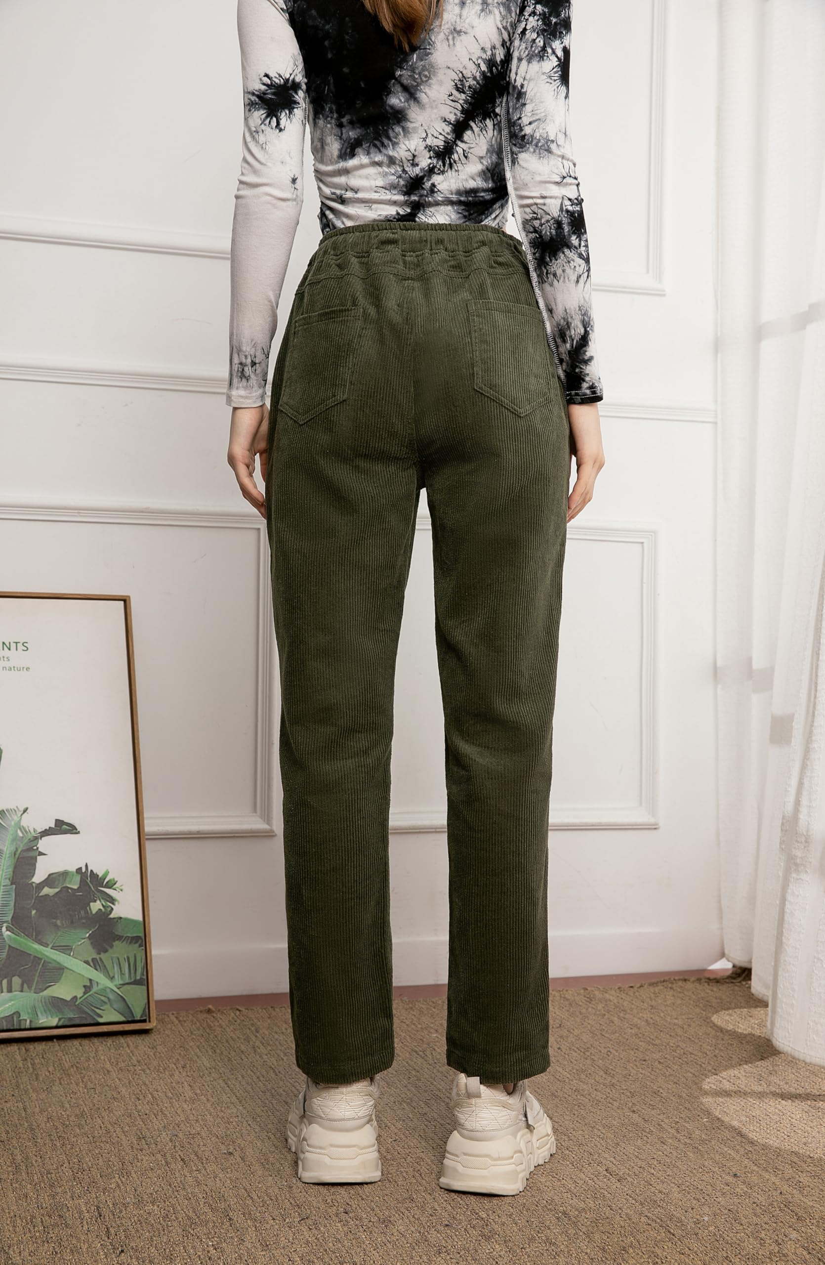 Minibee Women's Casual Corduroy Pants Comfy Pull on Elastic Waist Trousers Drawstring Cotton Pants