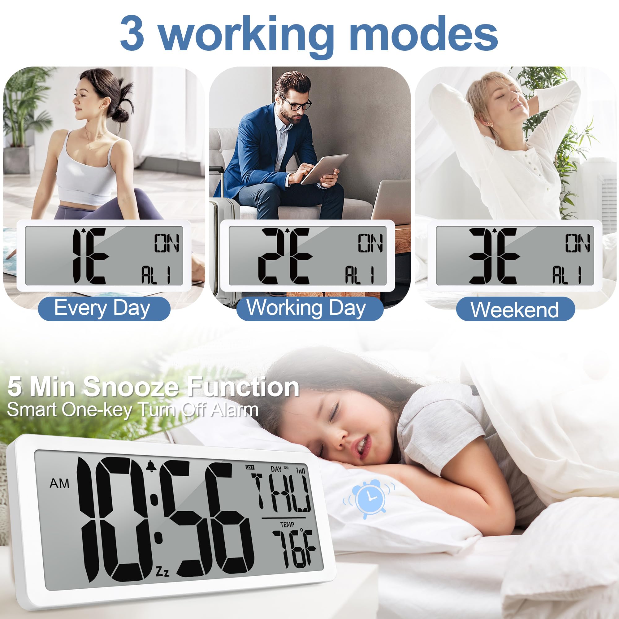 Horloge murale atomique 37,8 cm - Fonctionne avec piles - Grand réveil numérique avec jour et date et température - Pour chambre à coucher, salon, salle de classe, bureau à domicile