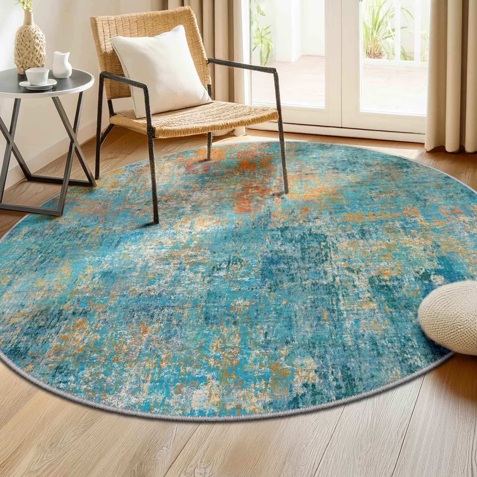Washable Area Rugs 6ft Non-Slip Modern Abstract Soft for Living Room Entryway Bedroom Nursery, Print Pattern, Teal Blue Green Orange Rust Red Colorful
