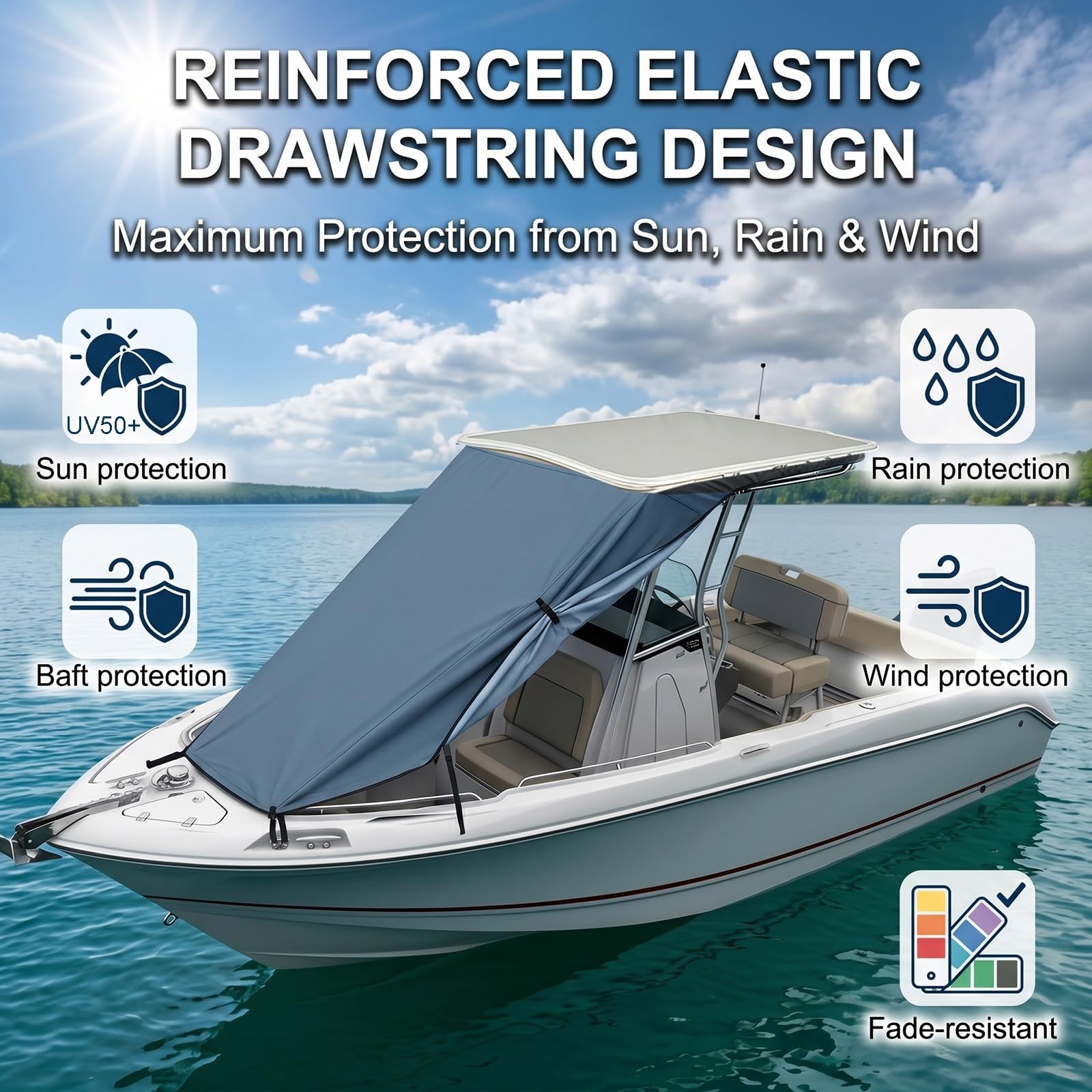 Auvent Avant T-Top pour Couverture de Bateau, Tissu Oxford 600D Imperméable, Auvent Solaire avec Protection UV50+ pour la Plupart des Bateaux à Console Centrale(Gray,108"x120" (275x305 cm))