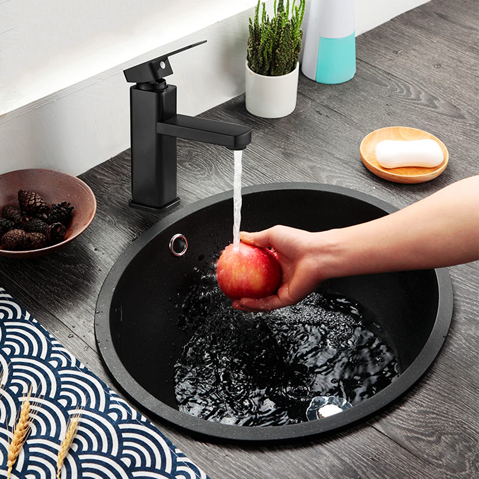 Fregadero de un Solo Cuenco, Fregadero de Barra de Cocina, Fregadero Ovalado de Piedra de Cuarzo, instalación de Lavabo Debajo y sobre encimera, Kit Completo de Hardware para mejoras del Hog