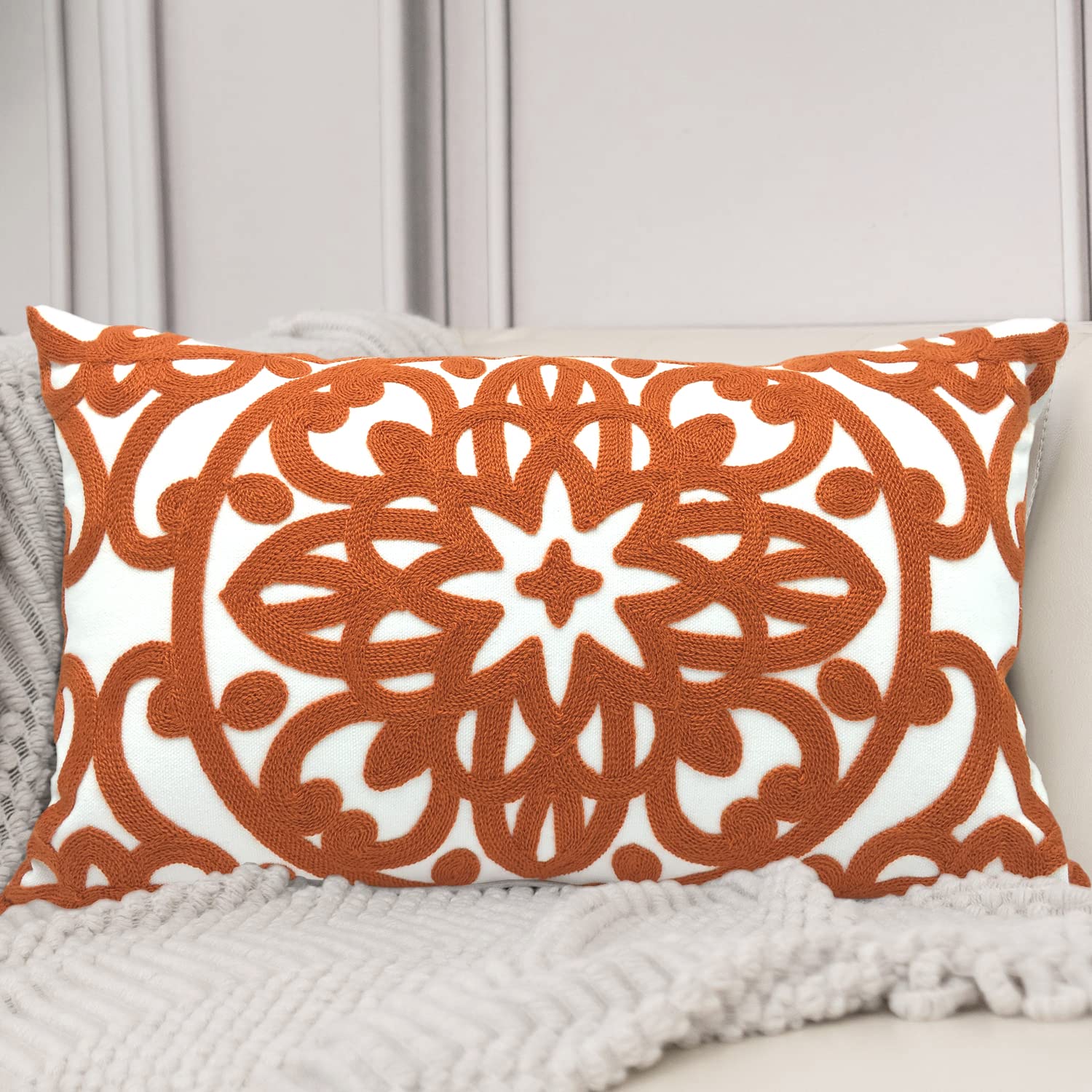 Alysheer Decorative Lumbar Throw Pillow Covers Embroidered Rectangle Cotton Boho Mandala Pattern Classic Pillowcase for Sofa Couch Living Room Bedroom (Burnt Orange) 12x20 Inch