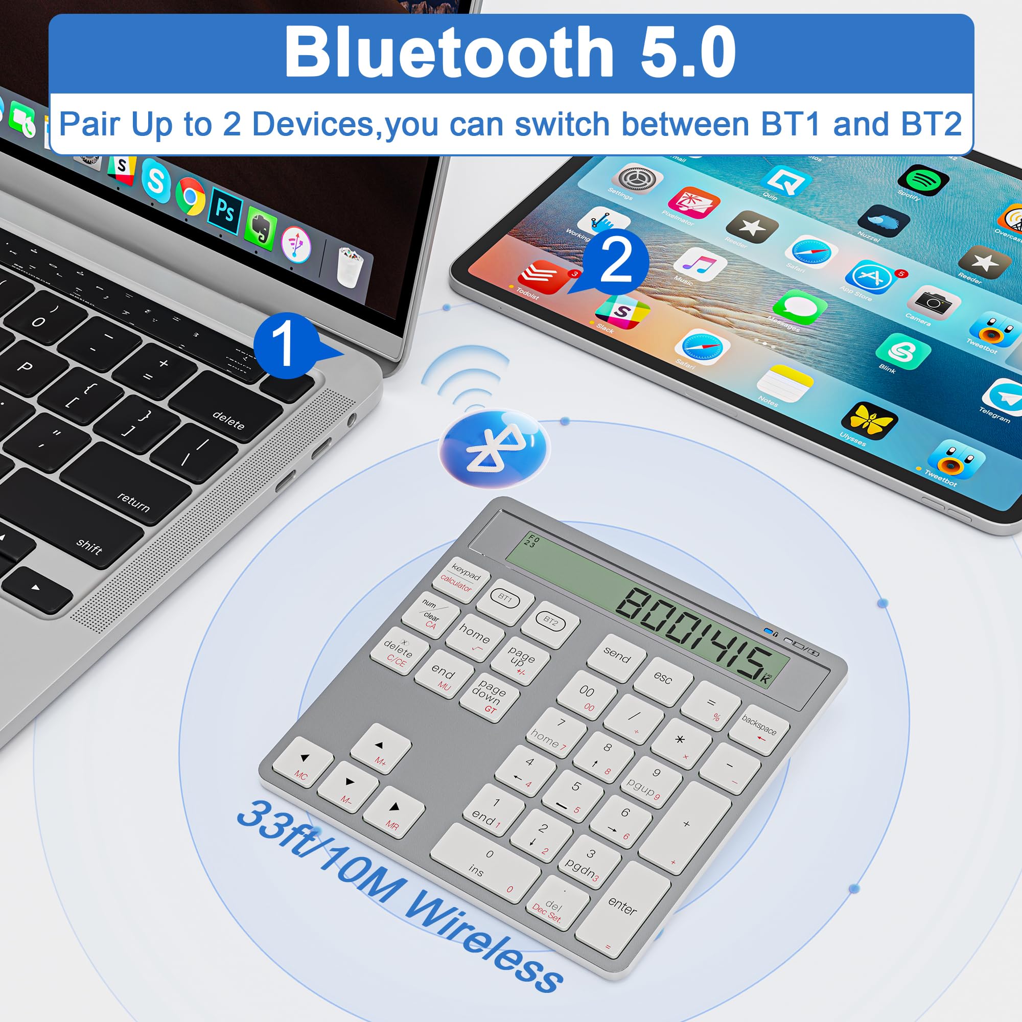 Tastierino numerico 2-in-1 ricaricabile con Bluetooth e USB, 34 tasti con display calcolatrice, sottile e portatile per PC/Mac/tablet, inserimento dati e contabilità rapidi
