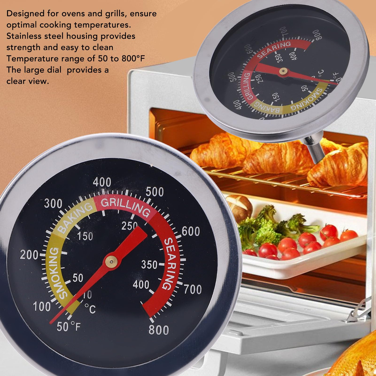 BBQ Grill Thermometer, Large Dial Smoker Temperature Gauges 50 to 800°F Measurement Range Barbecue Thermometer Stainless Steel BBQ Analog Temperature Gauges for Oven Charbroil