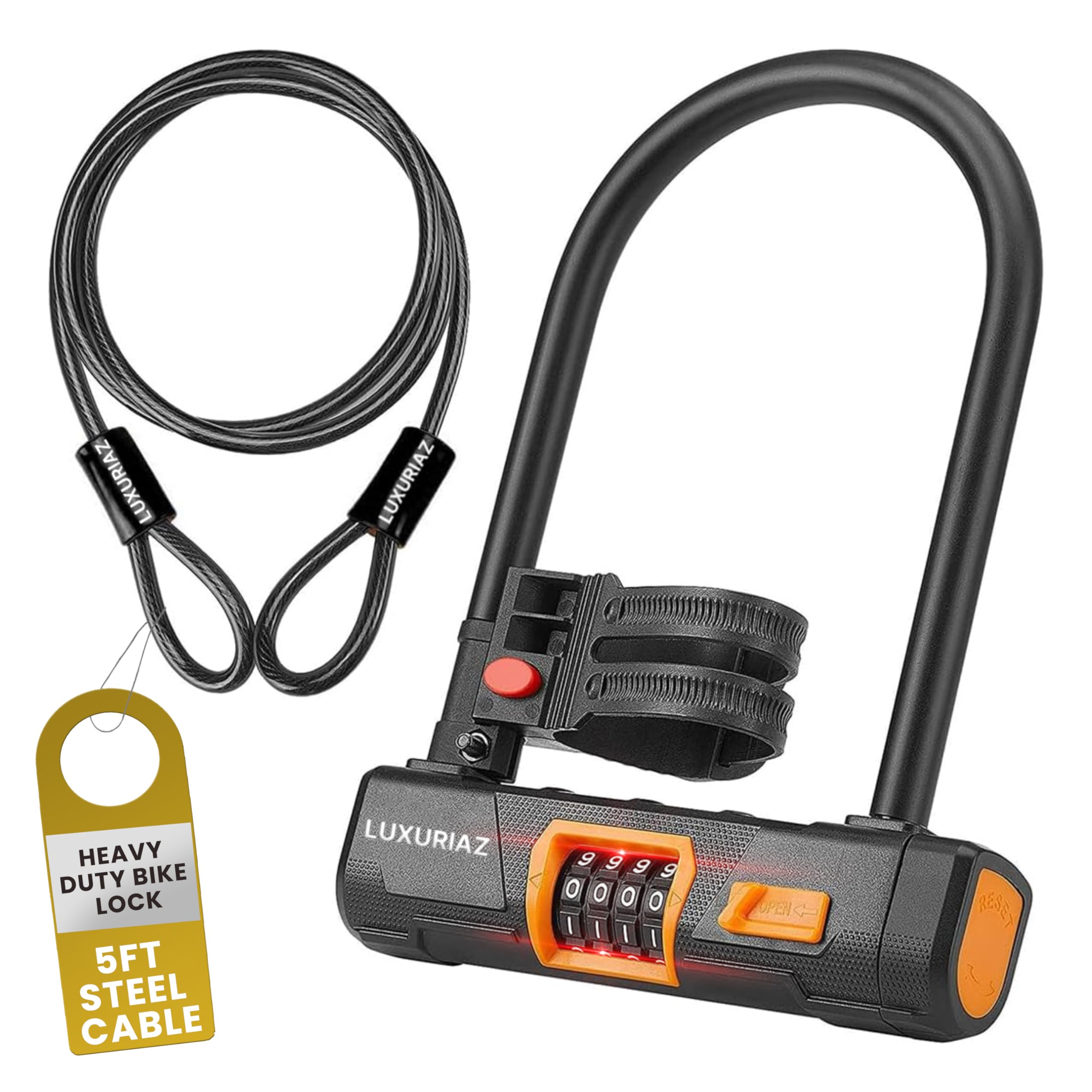 Candado en U resistente para bicicleta con cable de acero de 5 pies, candado antirrobo para bicicleta, código reajustable de 4 dígitos, seguro para bicicletas eléctricas, scooters y motocicletas