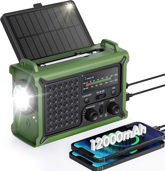 Emergency Weather Radio with Large Solar Panel, Efficient Hand Crank & Real 12000mAh Battery | AM/FM/NOAA Bands, LED Flashlight, R
